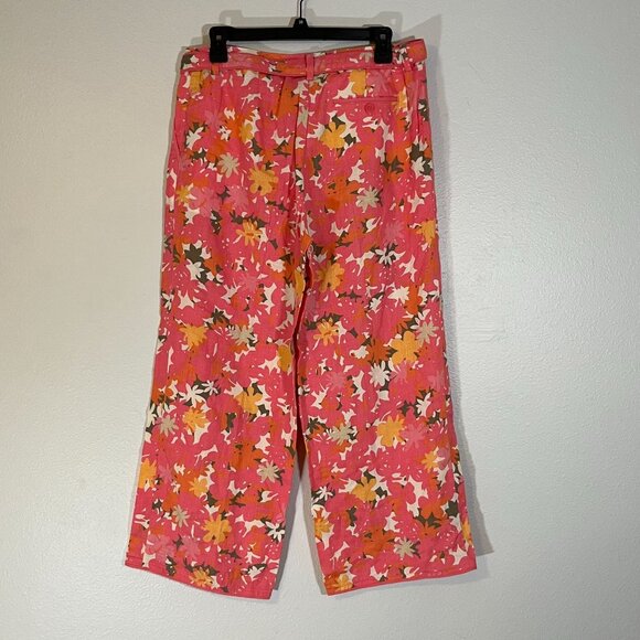Sigrid Olsen Cropped Belted Wide Leg Linen Pants Pink Orange Floral Size 8 - Picture 8 of 10